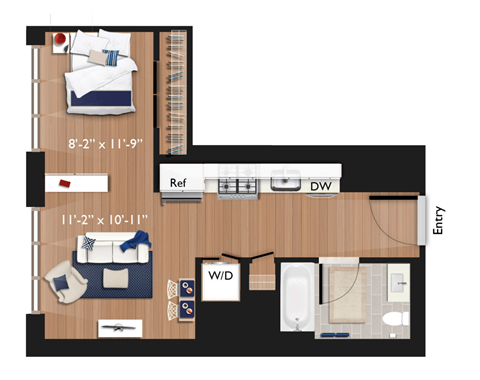 Floor plan for studio, 1 bath, 528 sqft